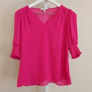 Maison d'Amelie Blouse XS Pink Smocked Puff‎ Sleeve Preppy Satin